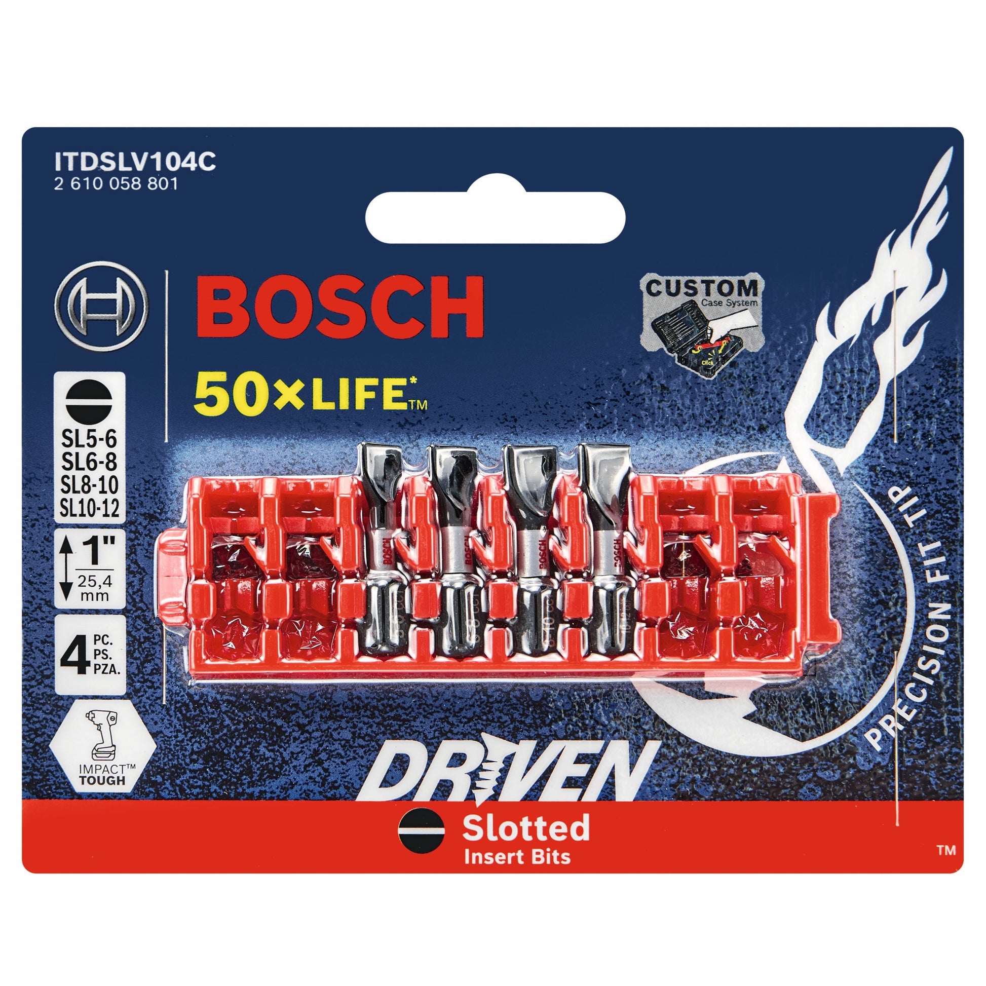 BOSCH ITDSLV104C 4 pc. Driven 1 In. Impact Slotted Insert Bit Set with Clip for Custom Case System VM Hardware