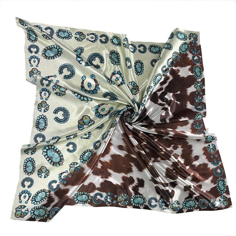 Western Style Cow Pattern Turquoise Scarf – Elegant Cowgirl Accessory Country in My Heart