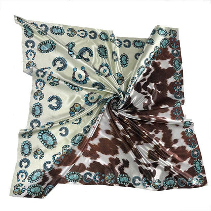 Western Style Cow Pattern Turquoise Scarf – Elegant Cowgirl Accessory Country in My Heart