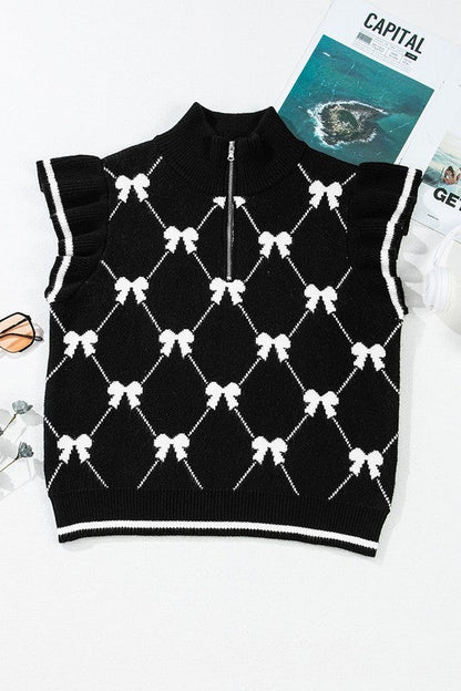 Women Preppy Vibes Bow Print Zipped Collar Sweater Shop Style & More | Fresh Looks, Everyday Deals & Free Shipping