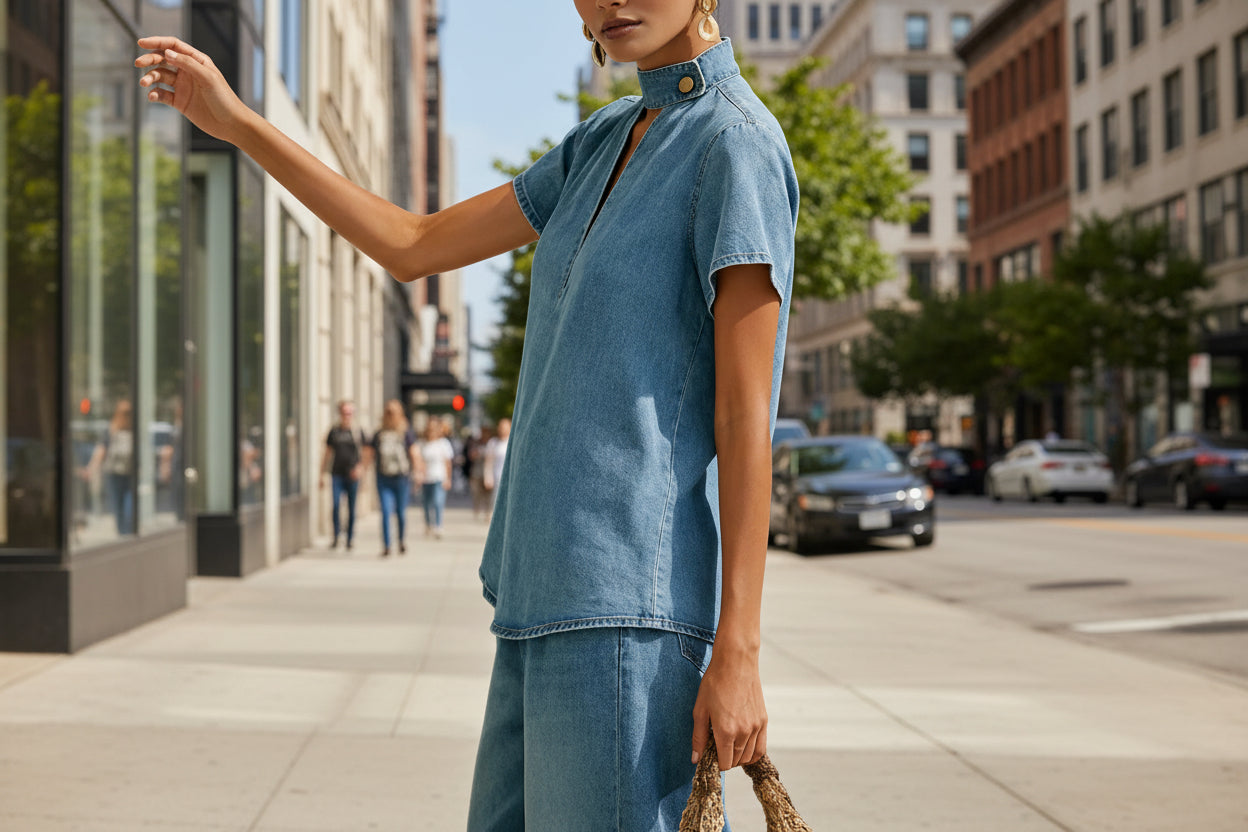 Faux Denim Two-Piece Set – Loose-Fit Short-Sleeve & Pants FitiqueFit