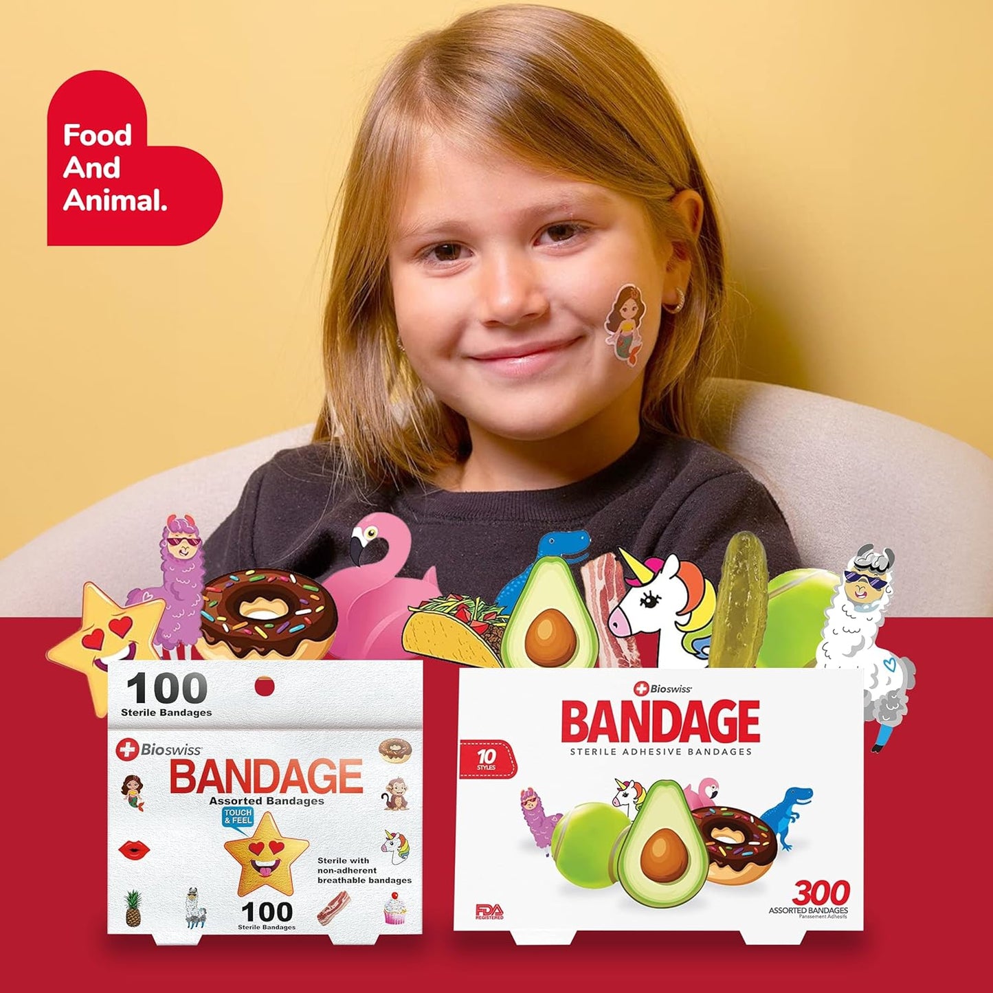 Bandages, Assorted Animal, Fun, and Food Shaped Self Adhesive Bandage Set, Latex Free, Sterile Wound Care, 100 Count