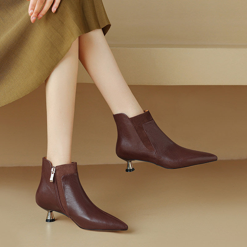 Women's Genuine Leather Kitten Heel Ankle Boots – Pointed Toe Side Zip FitiqueFit