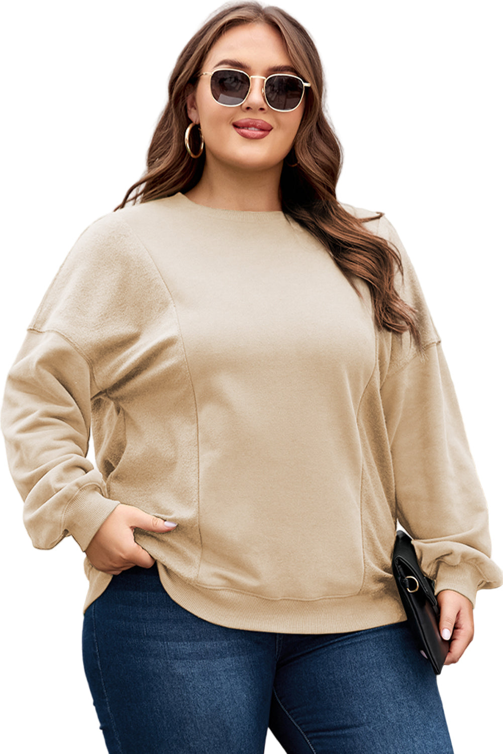 Apricot Loose Patchwork Crewneck Plus Size Sweatshirt Garden Naked Curves