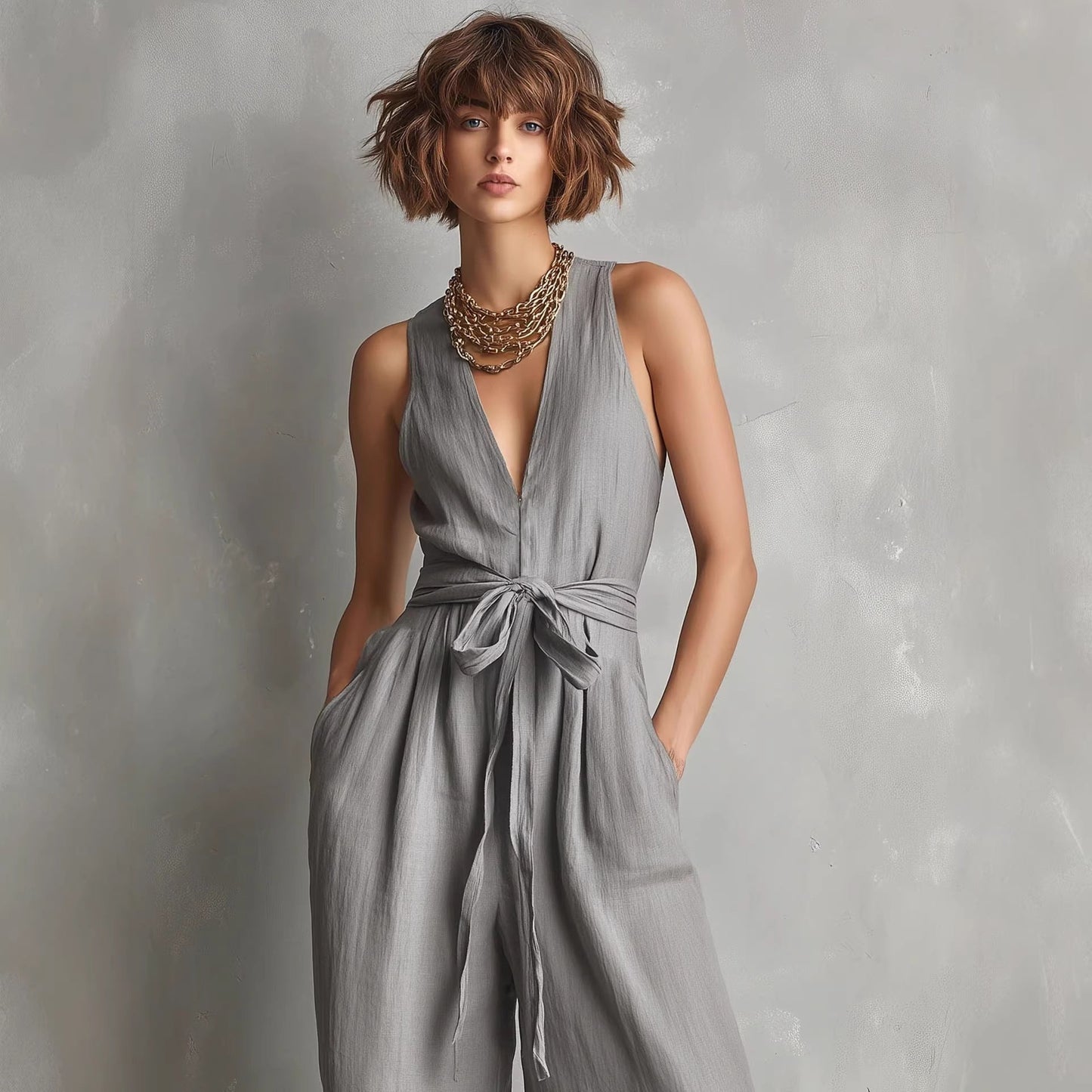 Women's Elegant V-Neck Sleeveless Commuter Jumpsuit FitiqueFit