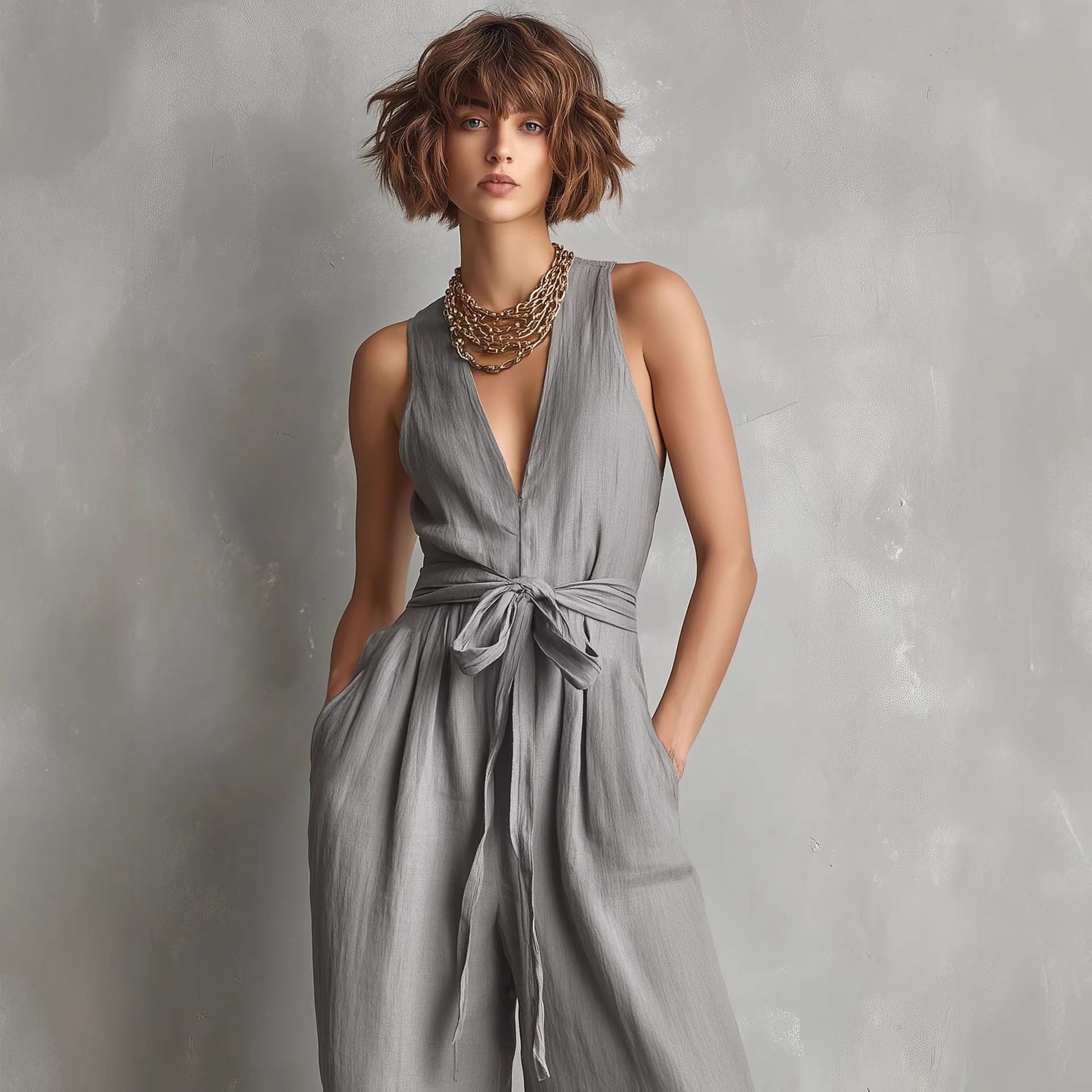 Women's Elegant V-Neck Sleeveless Commuter Jumpsuit FitiqueFit