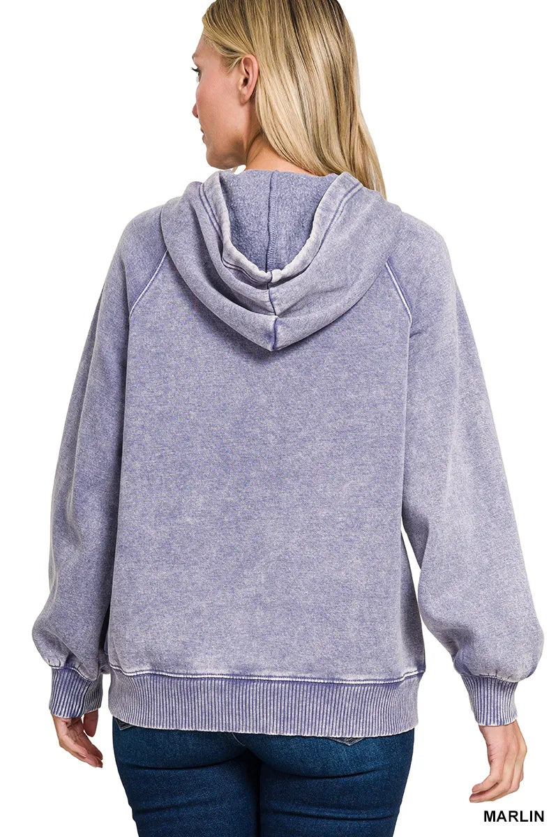 Zenana Acid Wash Fleece Hoodie with Kangaroo Pocket West2East Surf