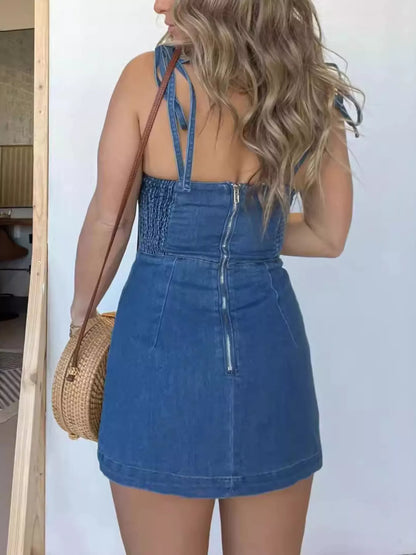 Full Size Tie-Strap Denim Mini Dress Plus Size New Era Fashion LLc