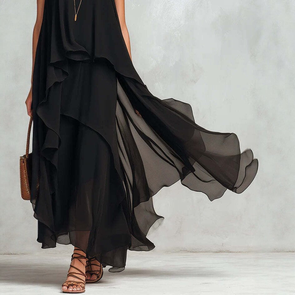 Asymmetrical Ruffle Mesh Chiffon Sleeveless Maxi Dress – Black, XS–XXL FitiqueFit