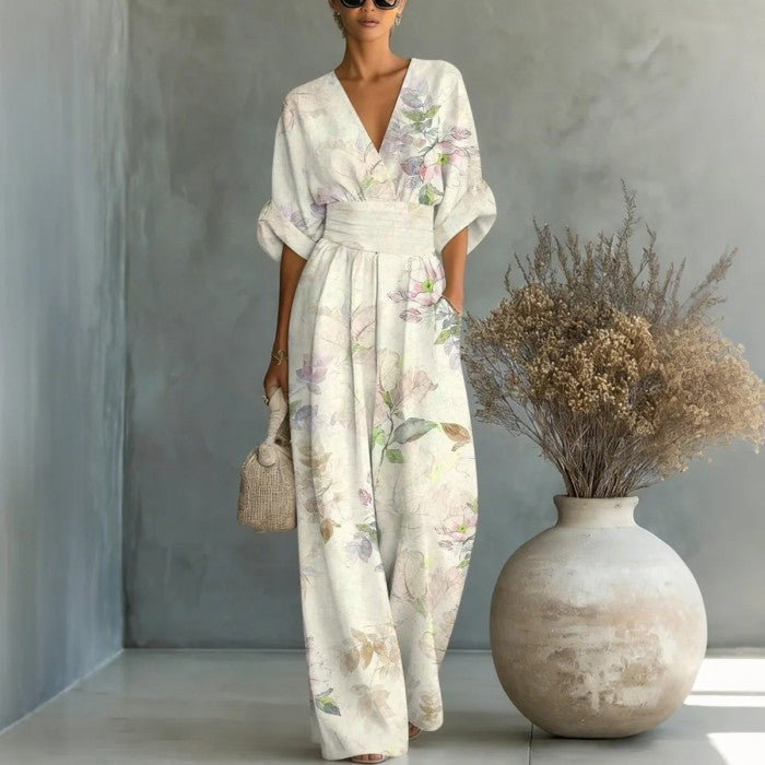 Women's Waist-Cinched V-Neck Printed Wide-Leg Jumpsuit FitiqueFit