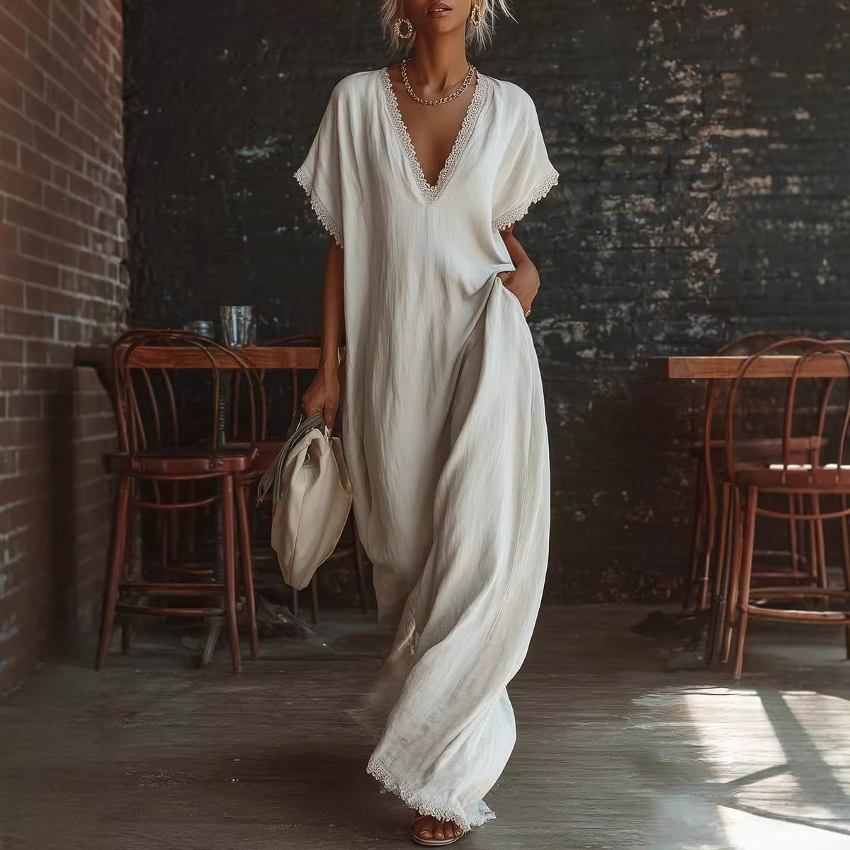 Lace-Trimmed Loose Linen Cotton Long Dress for Women FitiqueFit