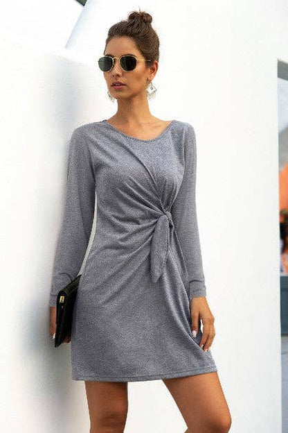 Round Neck Knot Long Sleeve Dress Kacee Lillie Boutique