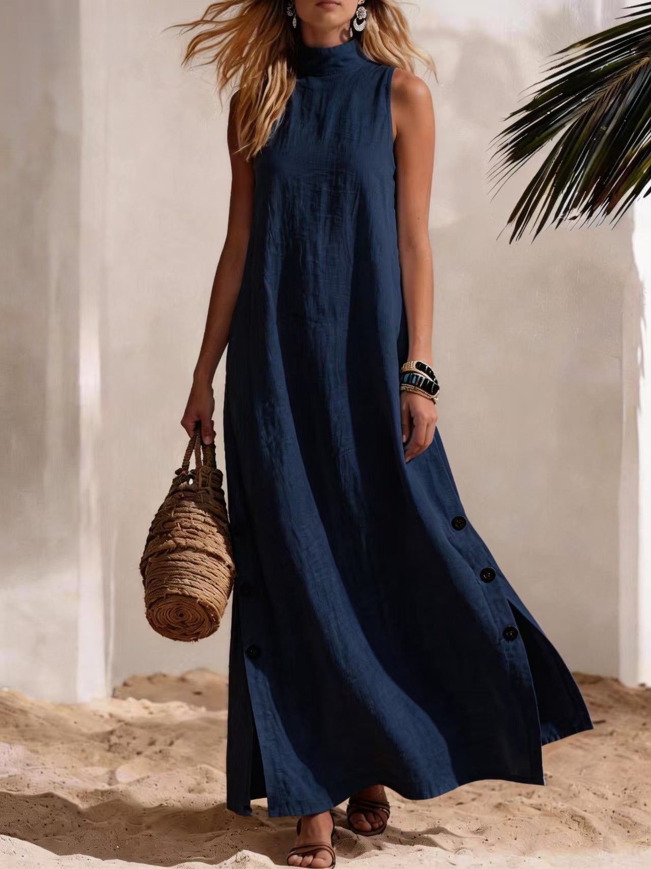 Cotton Linen Sleeveless Midi Dress – Side Slits & Loose Fit FitiqueFit
