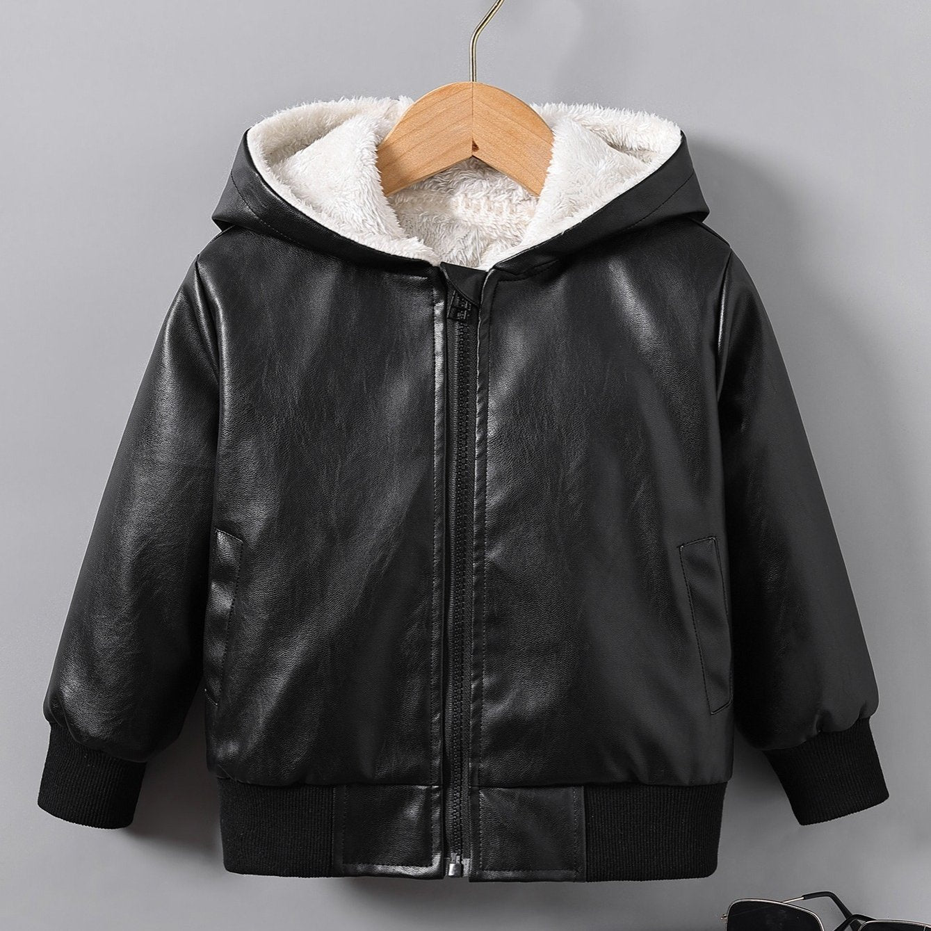 Boys' Faux Leather Jacket with Fleece Lining - Thickened Winter Coat, Full-Zip Front Closure, Machine Washable, Casual Style for Fall/Winter, Regular Fit NovaCart