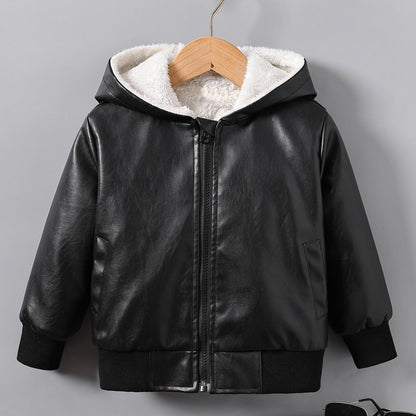 Boys' Faux Leather Jacket with Fleece Lining - Thickened Winter Coat, Full-Zip Front Closure, Machine Washable, Casual Style for Fall/Winter, Regular Fit NovaCart