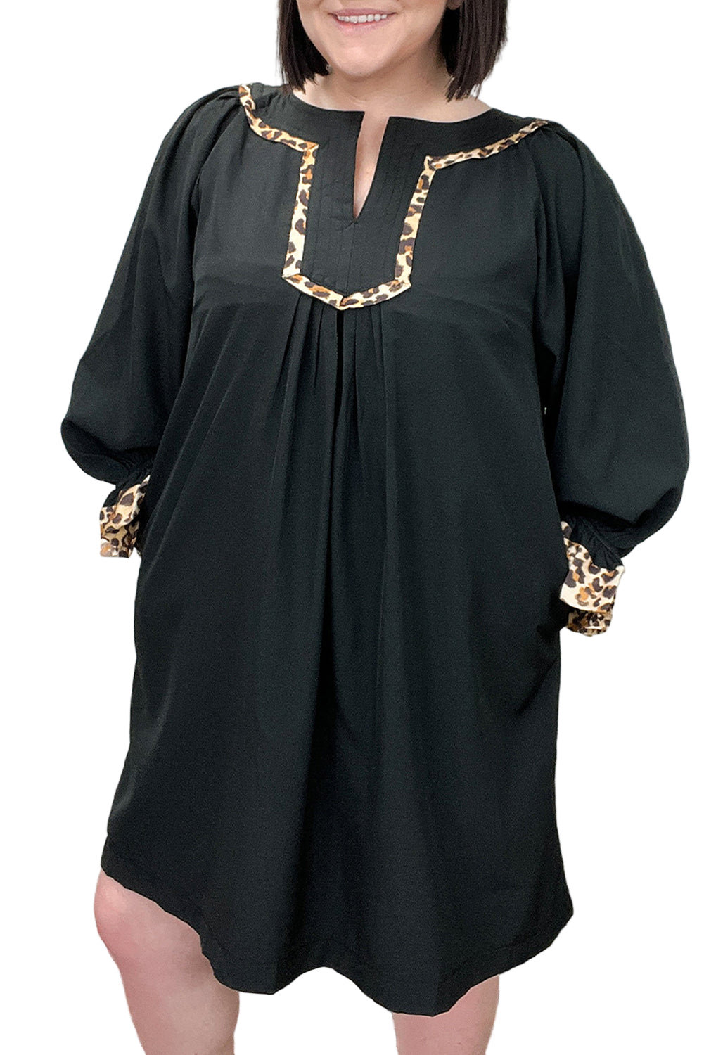 Black Plus Size Notched Neck Leopard Trim Flounce Long Sleeve Shift Dress Garden Naked Curves