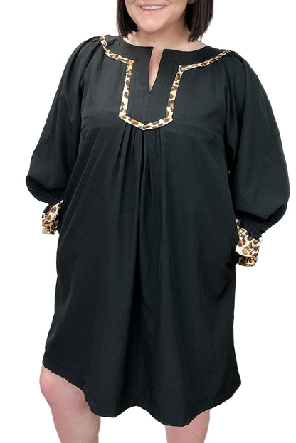 Black Plus Size Notched Neck Leopard Trim Flounce Long Sleeve Shift Dress Garden Naked Curves