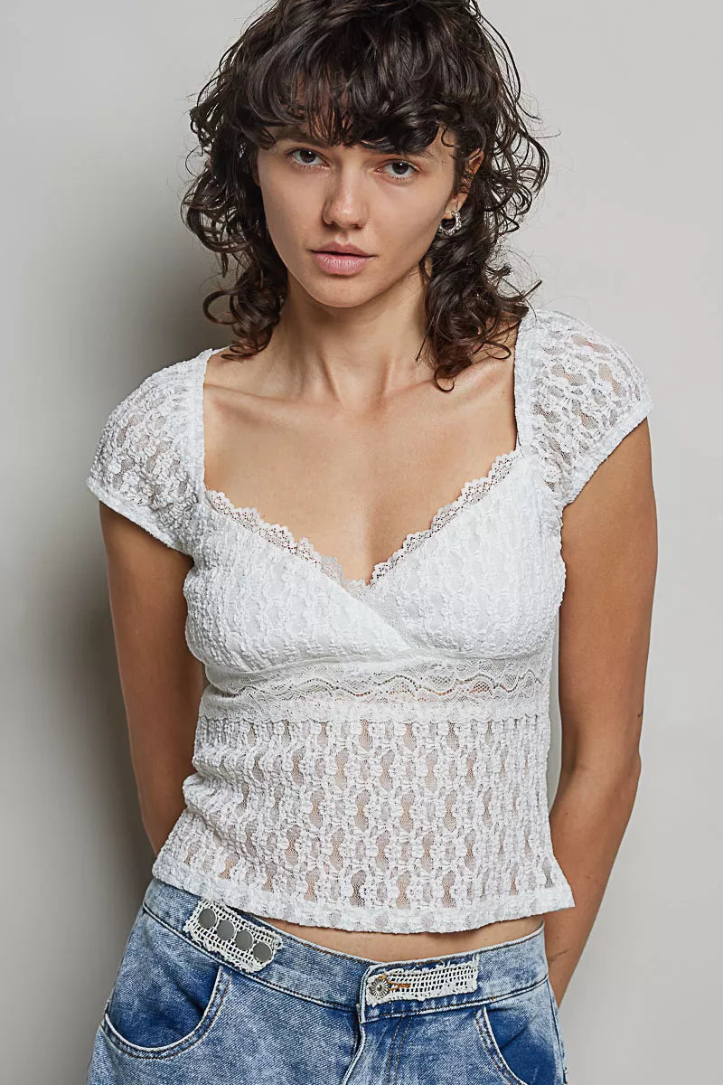 POL Sweetheart Neck Lace Short Sleeve Top New Era Fashion LLc