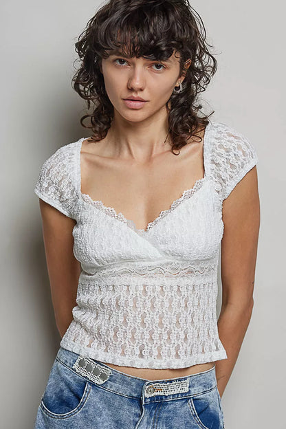 POL Sweetheart Neck Lace Short Sleeve Top New Era Fashion LLc