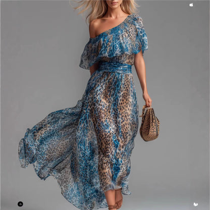 Peacock Blue Leopard Print Chiffon Off-Shoulder Dress – Boho A-Line FitiqueFit