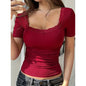 Women’s Y2K Lace Trim Slim Fit Tee – U-Neck Short Sleeve Top FitiqueFit