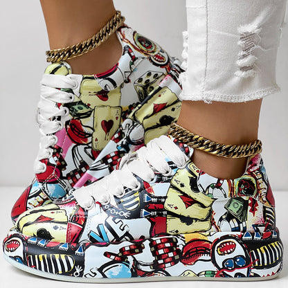Women's Casual Round Toe Thick Sole Lace-Up Sneakers, Random Print Design, Comfortable Sporty Shoes For Daily Wear See size chart under “more details” The Fashion Celestial