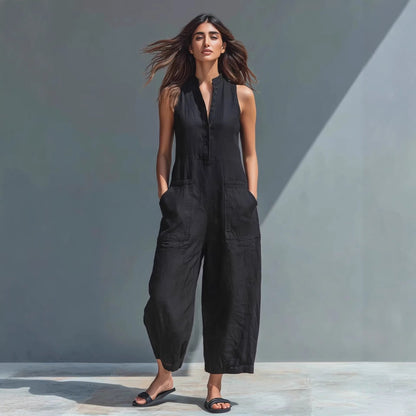 Casual Women’s Buttoned Stand Collar Sleeveless Loose Jumpsuit FitiqueFit