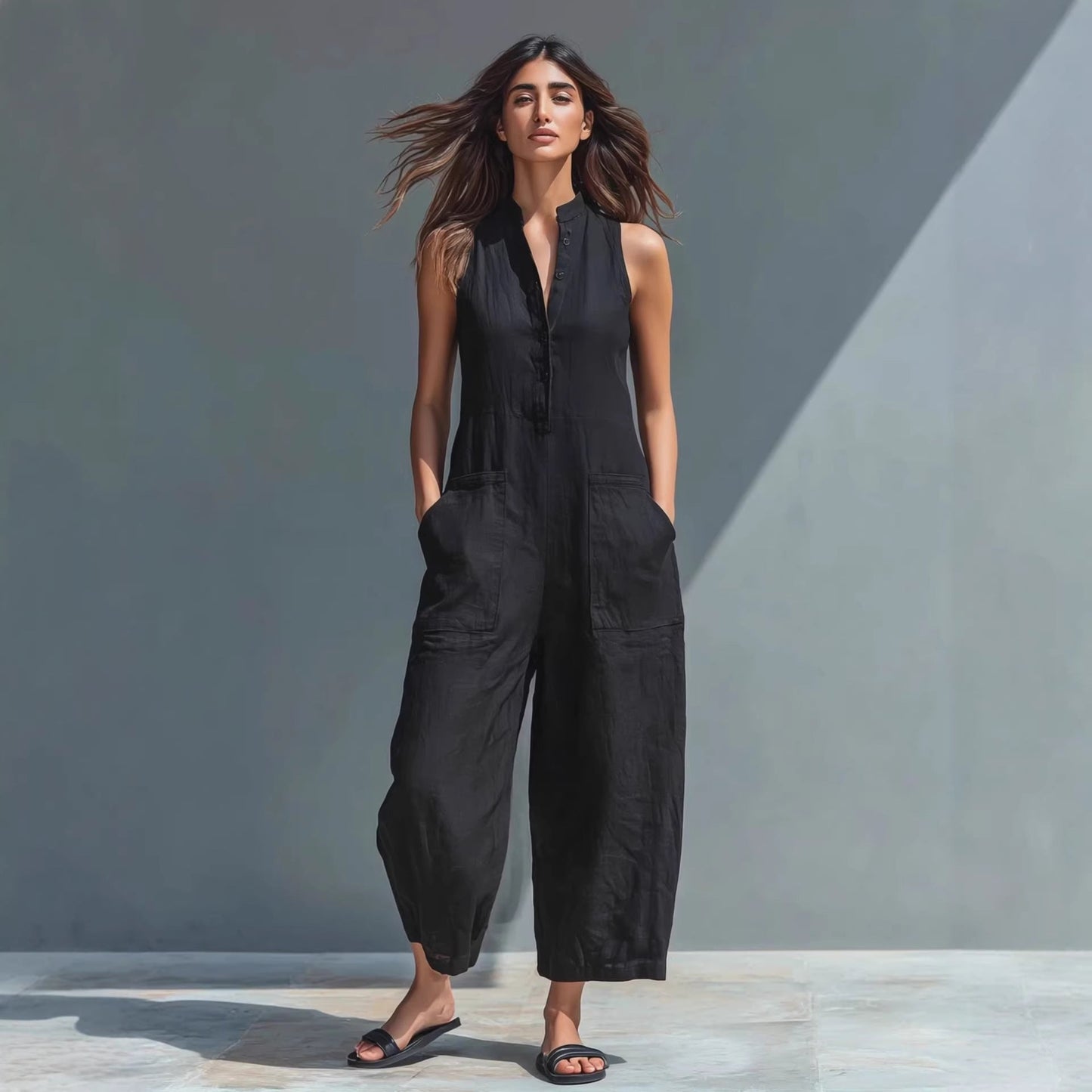 Casual Women’s Buttoned Stand Collar Sleeveless Loose Jumpsuit FitiqueFit