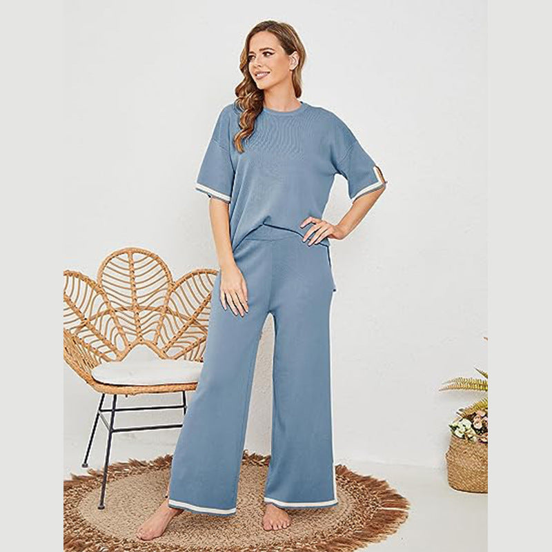 New Knitting Suit Sweater Suit Short Sleeve Pullover Wide Leg Pants Grayceful LLC