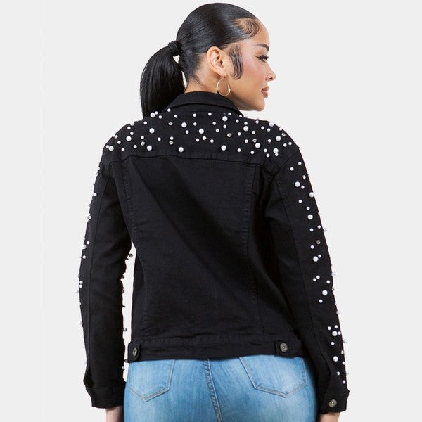 Radiant Pearls Rhinestone Deco Jean Jacket Black See size chart under “more details” The Fashion Celestial