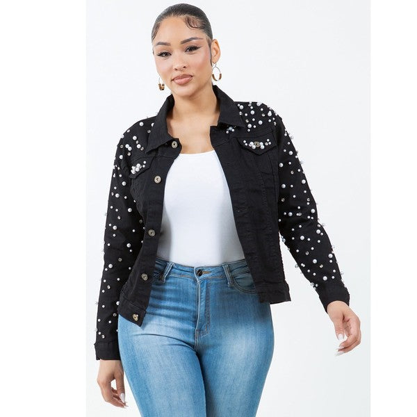 Radiant Pearls Rhinestone Deco Jean Jacket Black See size chart under “more details” The Fashion Celestial
