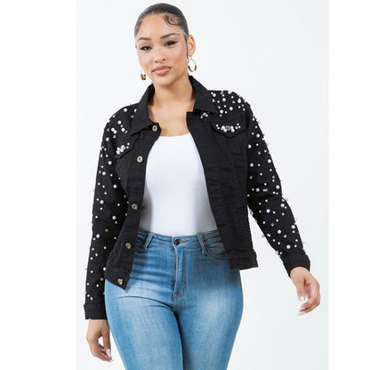 Radiant Pearls Rhinestone Deco Jean Jacket Black See size chart under “more details” The Fashion Celestial