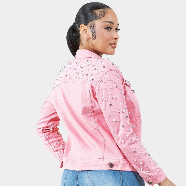 Radiant Pearls Rhinestone Deco Jean Jacket Pink See size chart under “more details” The Fashion Celestial