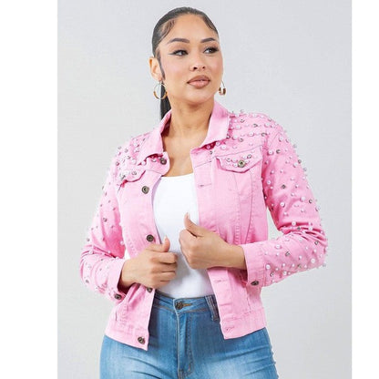 Radiant Pearls Rhinestone Deco Jean Jacket Pink See size chart under “more details” The Fashion Celestial