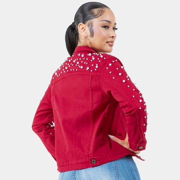 Radiant Pearls Rhinestone Deco Jean Jacket Red See size chart under “more details” The Fashion Celestial