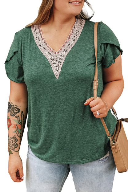 Blackish Green Plus Size Contrast V Neck Draped Sleeve Blouse Garden Naked Curves