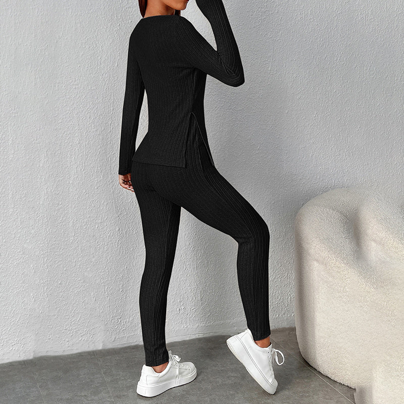 Women’s Ribbed Knit Long‑Sleeve Tee & Pants Lounge Set FitiqueFit