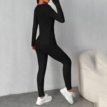 Women’s Ribbed Knit Long‑Sleeve Tee & Pants Lounge Set FitiqueFit