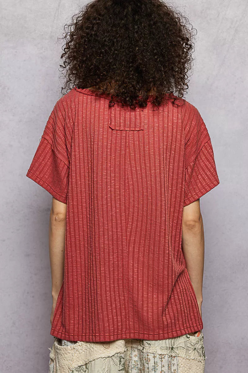 POL Ribbed Knit V-Neck Short Sleeve T-Shirt with Side Slit Montret