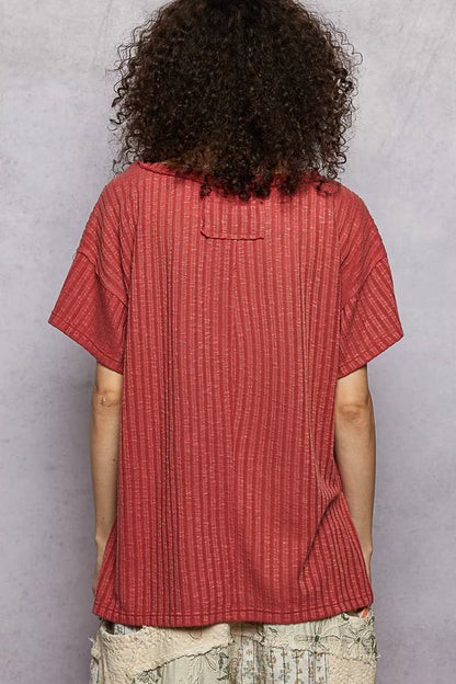 POL Ribbed Knit V-Neck Short Sleeve T-Shirt with Side Slit Montret