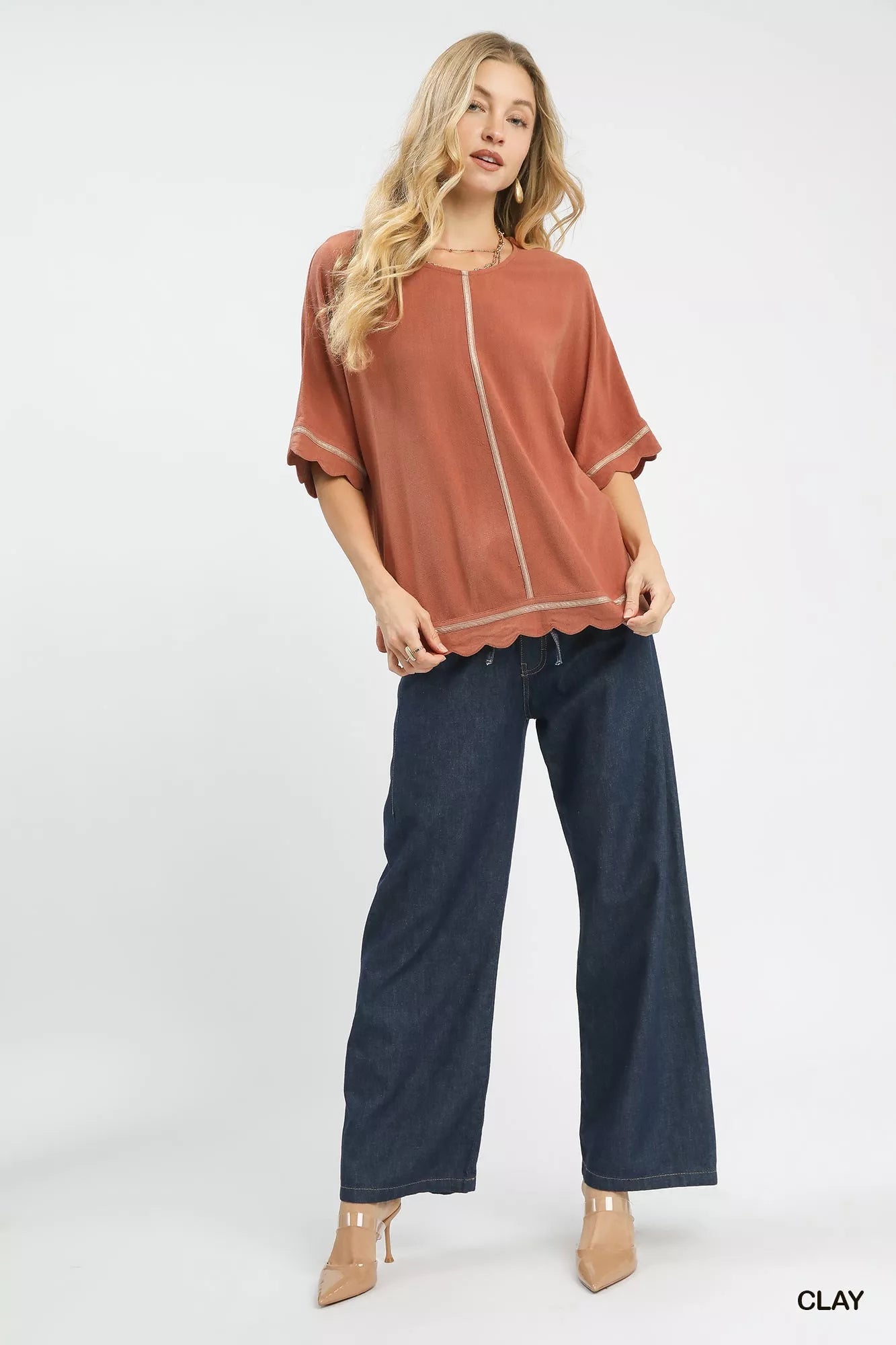Umgee Linen Blend Scallop Trim Top FitiqueFit