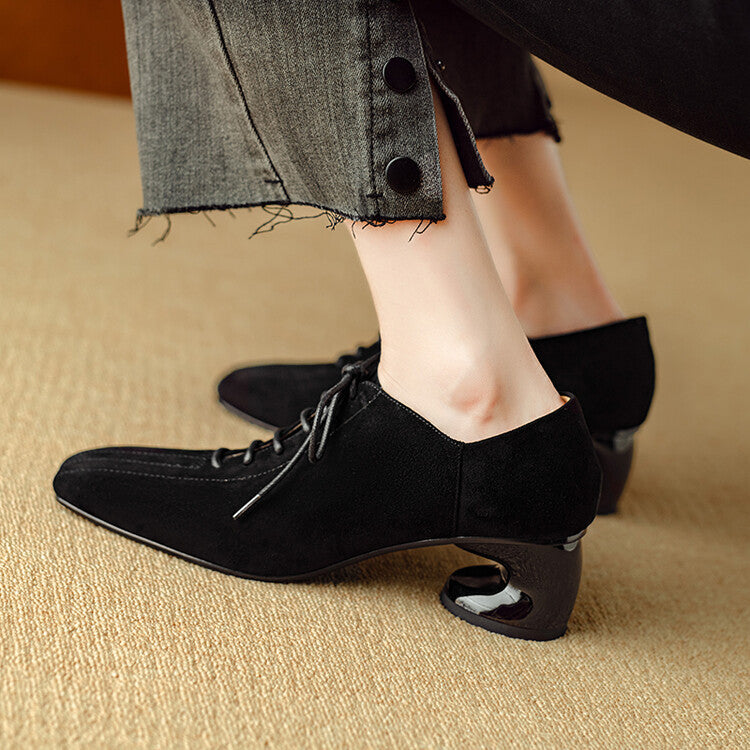 Women's Retro Sheepskin Square Toe Chunky Heel Pumps – Lace-Up Mid Heel FitiqueFit