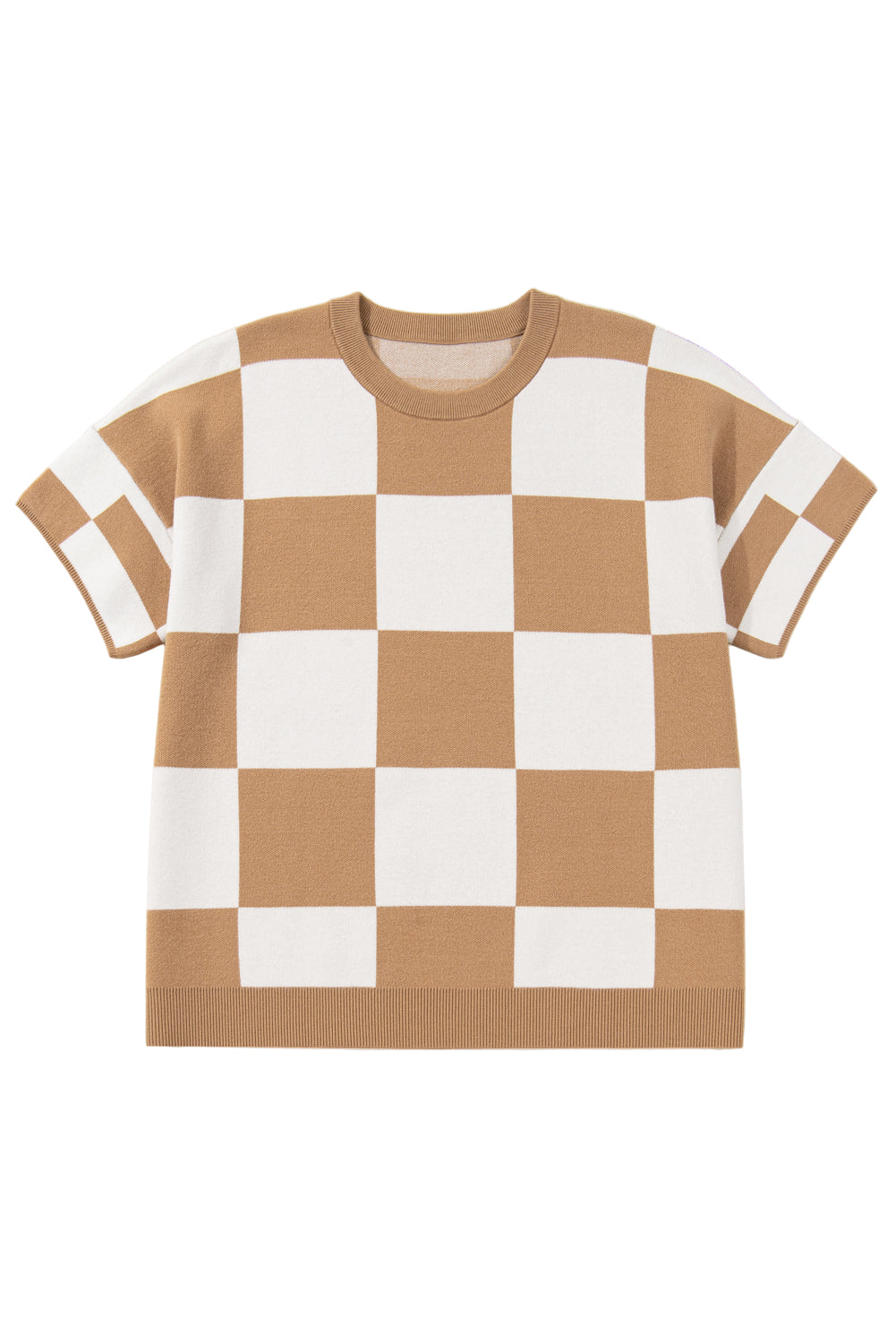 Light French Beige Plus Size Checkered Pattern Knit Short Sleeve Sweater Garden Naked Curves