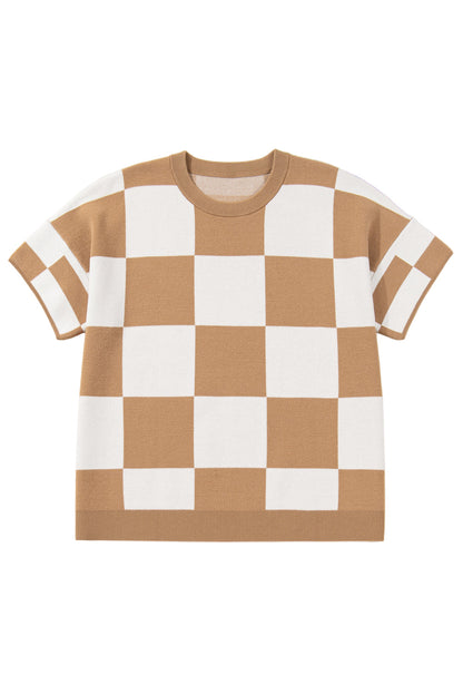 Light French Beige Plus Size Checkered Pattern Knit Short Sleeve Sweater Garden Naked Curves