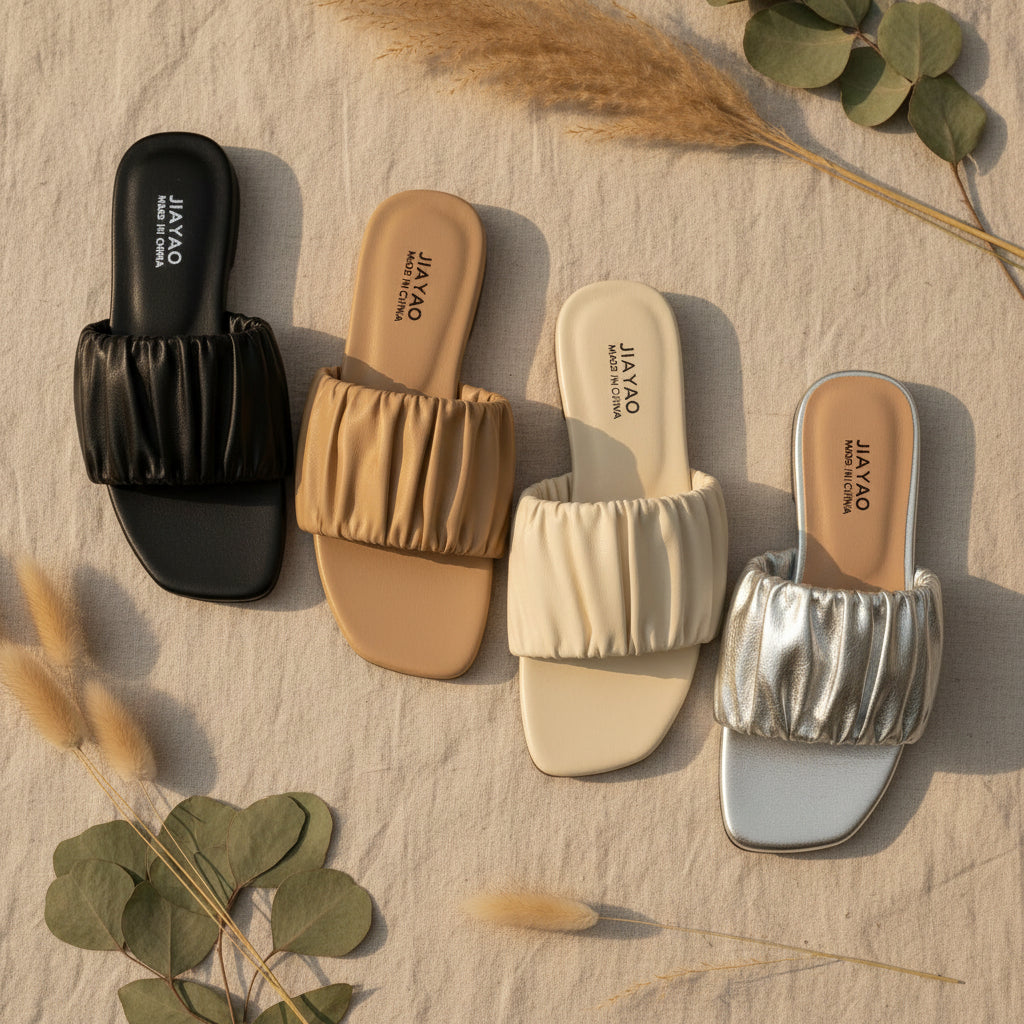Minimalist Pleated Flat Slide Sandals – Square Toe Faux Leather FitiqueFit