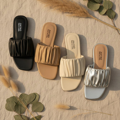 Minimalist Pleated Flat Slide Sandals – Square Toe Faux Leather FitiqueFit
