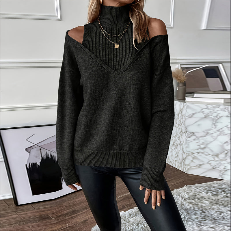 Women’s Elegant Off-Shoulder Turtleneck Sweater — Long Sleeve Knit Top FitiqueFit
