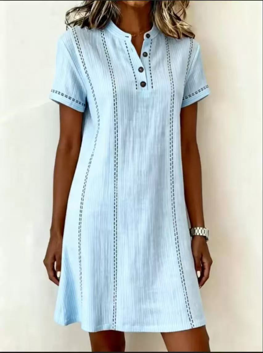 Women's Printed Button-Up Stand Collar Midi Dress – 3/4 Sleeve Loose Fit FitiqueFit