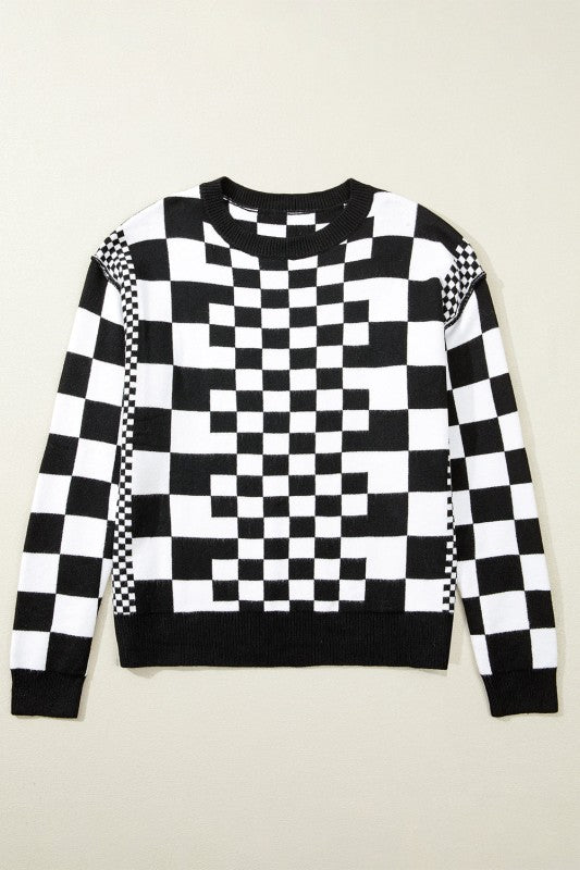 Checker Round Neck Drop Shoulder Sweater Shop Style & More | Fresh Looks, Everyday Deals & Free Shipping