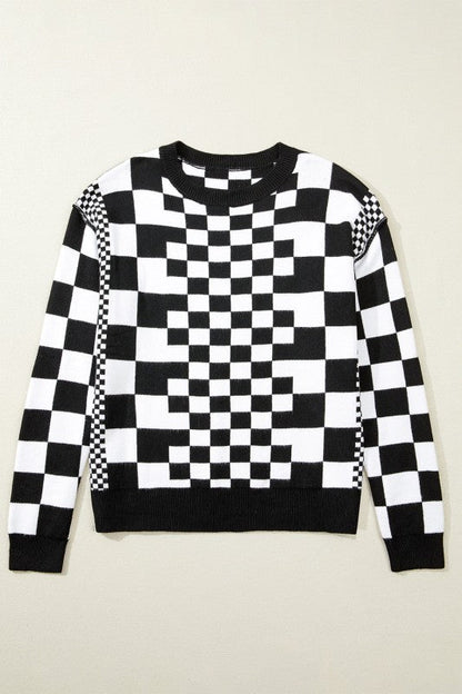 Checker Round Neck Drop Shoulder Sweater Shop Style & More | Fresh Looks, Everyday Deals & Free Shipping
